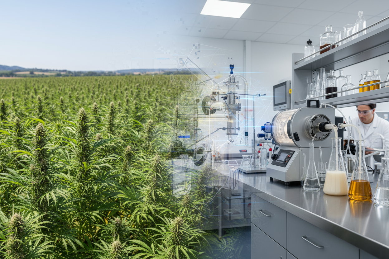hemp farm , hemp flower crossfaded to a lab that is emulsifying into liquid