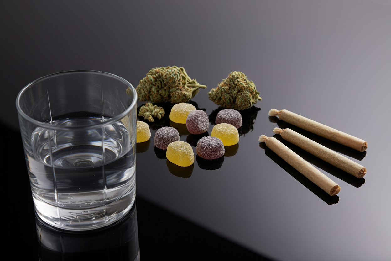 loose hemp gummies, hemp flower, prerolls and a rocks glass of water on a black glass table top